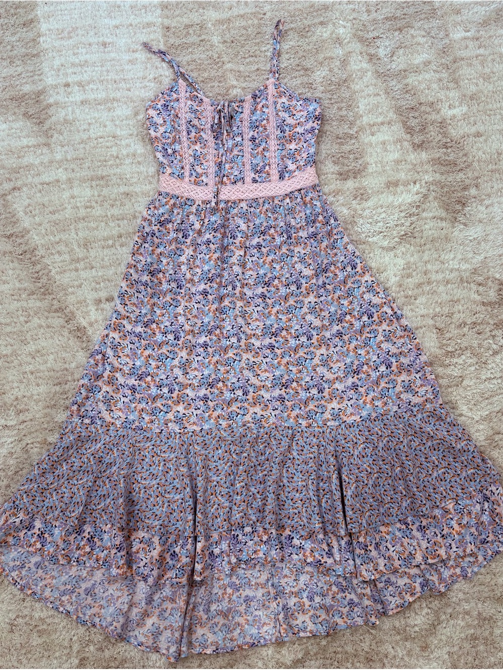 J.O.A. Floral Midi Dress Size S Pink Blue Smocked Lace Trim Boho Sundress